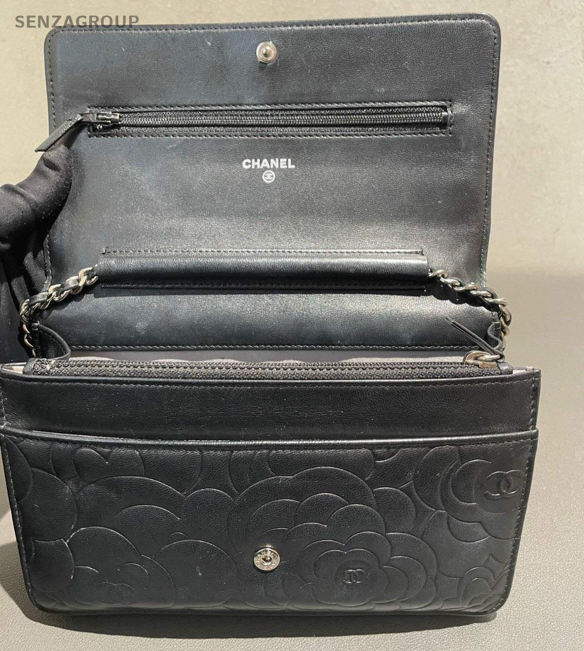 Chanel Camellia Series WOC Chain Shoulder Bag Crossbody Black Silver Women