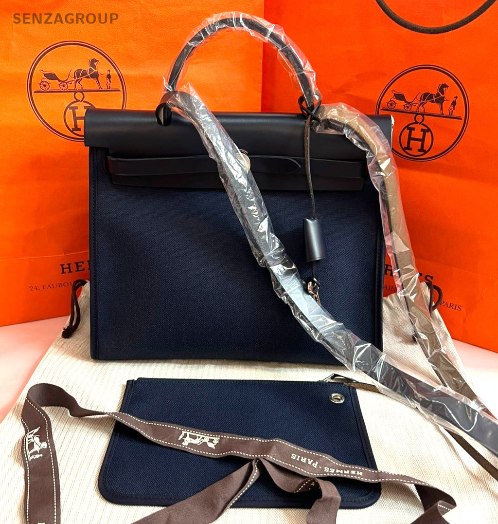 Hermes Herbag31 Canvas Blue Black Silver Top Handle Bag Crossbody Women Classic