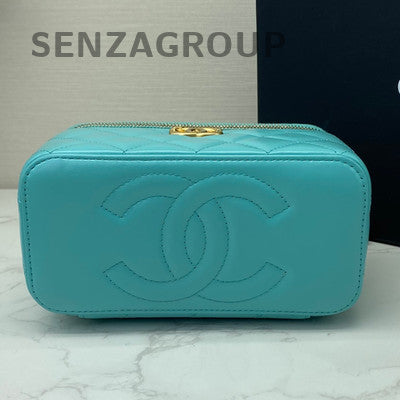 Chanel Quilted Blue Gold Leather Vanity Case Handbag Shoulder Bag