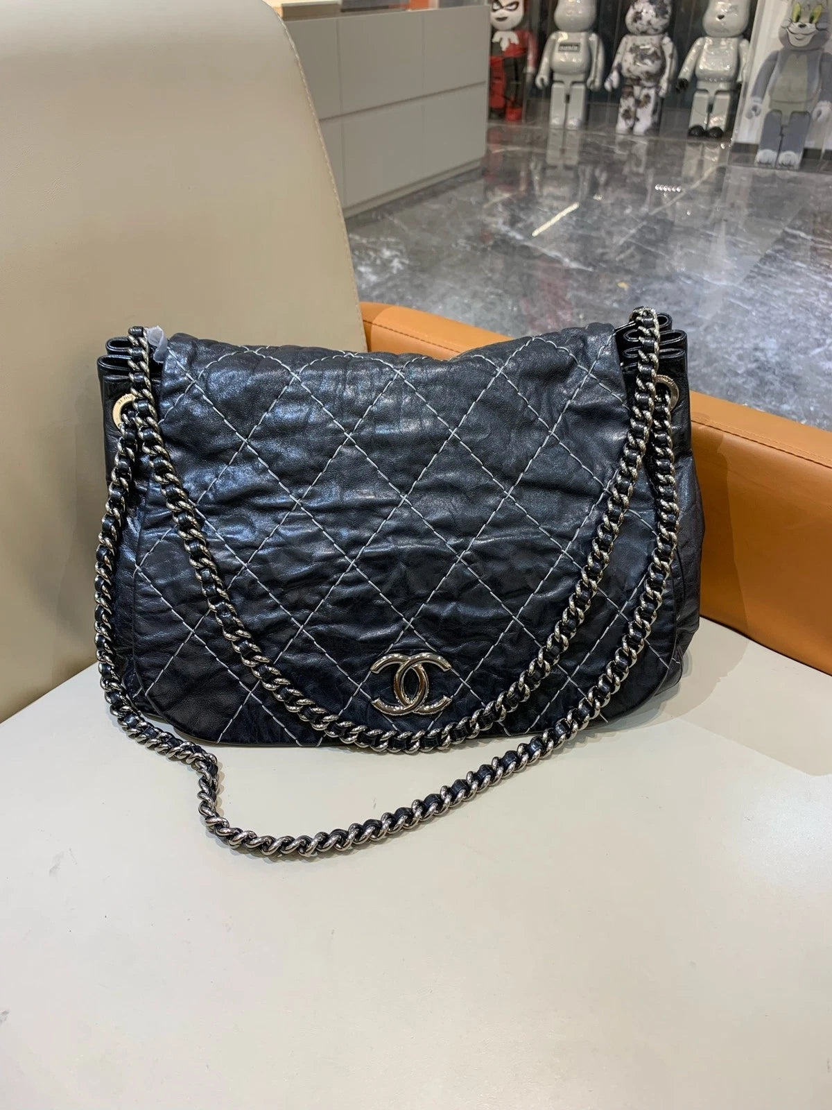 CHANEL Black Leather Pumpkin Chain Shoulder Bag For Women