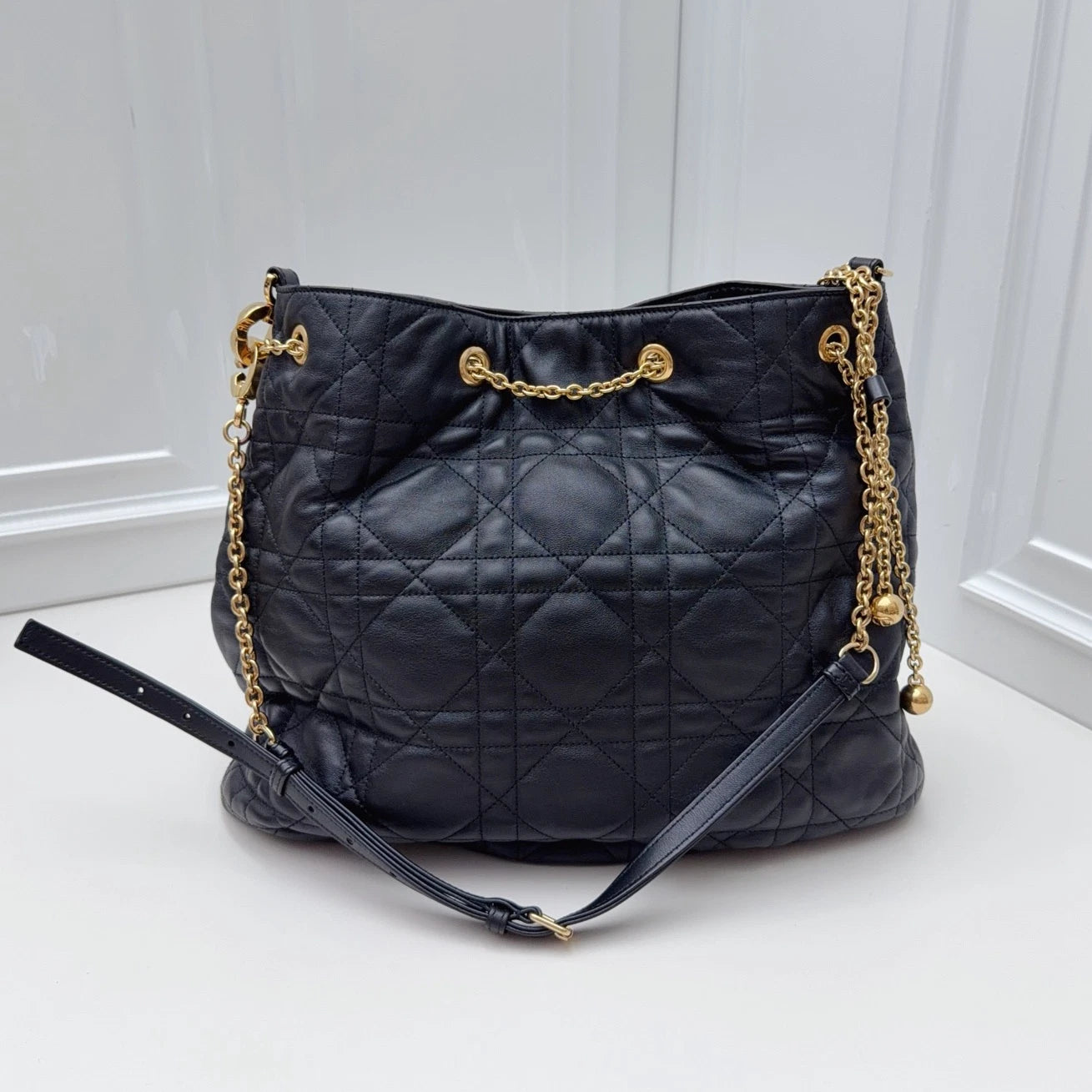 Christian Dior Cannage Tote Shoulder Bag Black Gold Hardware Women Classic