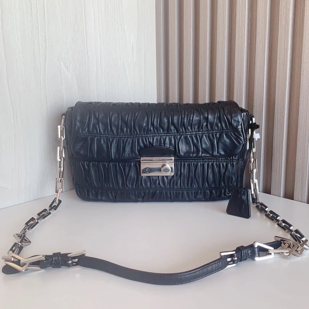Prada Chain 2Ways Shoulder Crossbody Bag Black Silver Hardware Women Classic