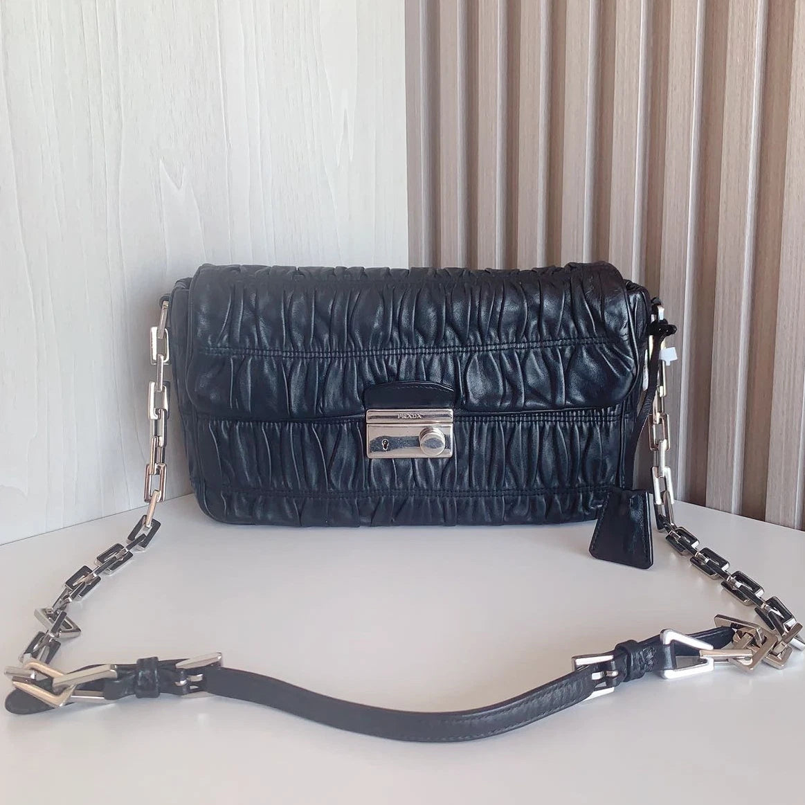 Prada Chain 2Ways Shoulder Crossbody Bag Black Silver Hardware Women Classic