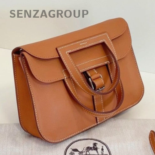 Hermes Halzan Mini Top Handle Bag Crossbody Brown Silver Women Classic