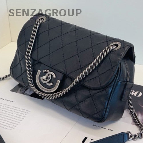 Chanel Classic Flap Calfskin Chain Shoulder Bag Silver Black Women Designer