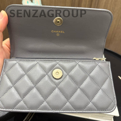 Chanel WOC Quilted Chain Shoulder Crossbody Bag Grey Gold