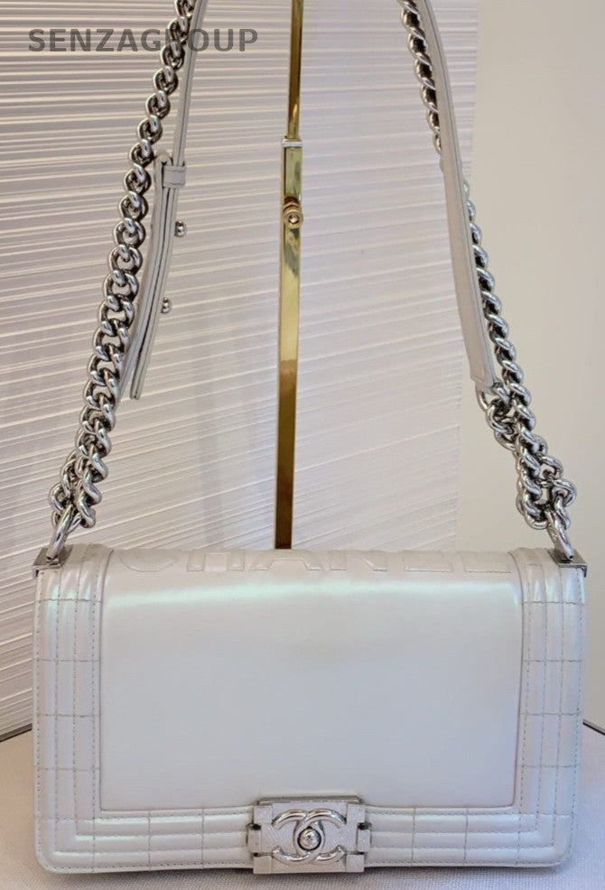 Chanel 16 Leboy Vintage Chain Shoulder Bag White Silver Women Classic