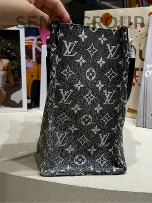 Louis Vuitton Onthego MM Denim Monogram Grey Tote Bag Women's Classic