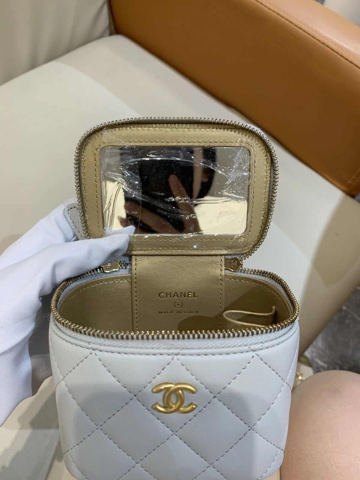 CHANEL Light Gray Gold Ball Mini Box Bag For Women