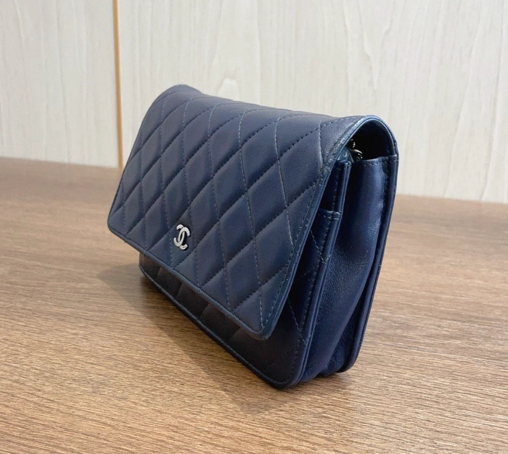 Chanel WOC Diamond Blue Shoulder Bag Crossbody Bag Sliver Hardware Women Classic