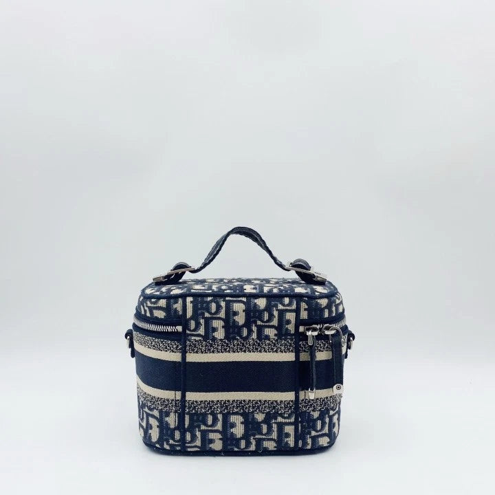 Authentic Dior Blue Canvas Embroidered Crossbody Vanity Bag For Women