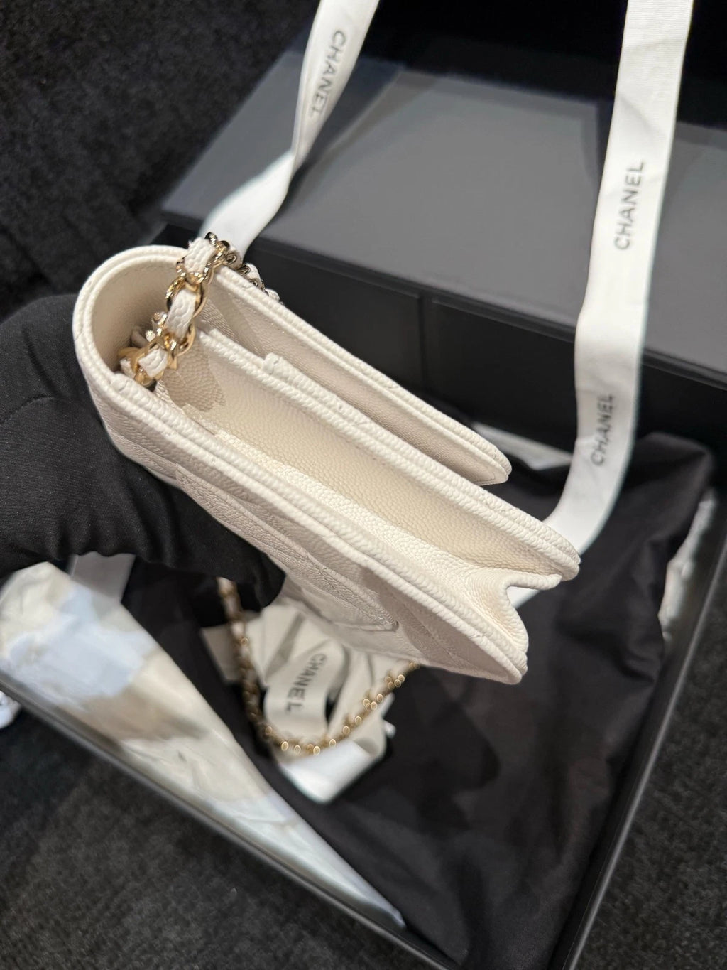CHANEL Quilted White Leather WOC Gold Hardware Crossbody Bag For Women