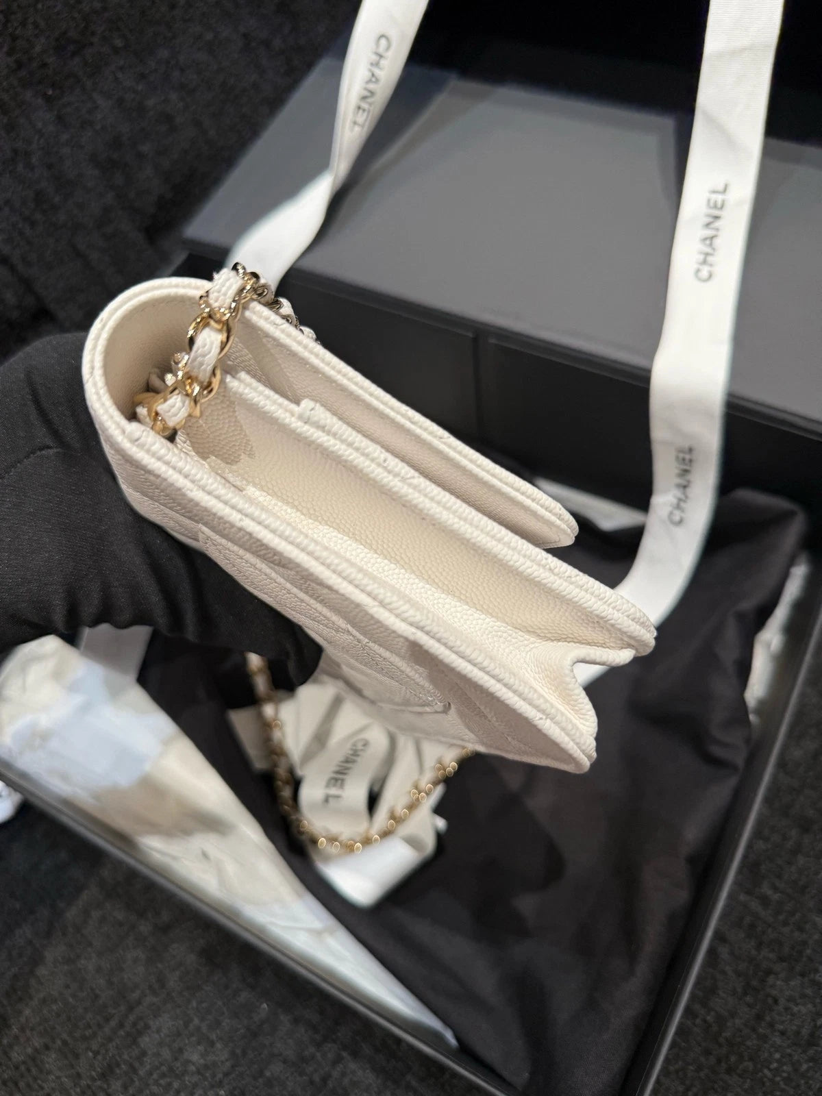 CHANEL Quilted White Leather WOC Gold Hardware Crossbody Bag For Women