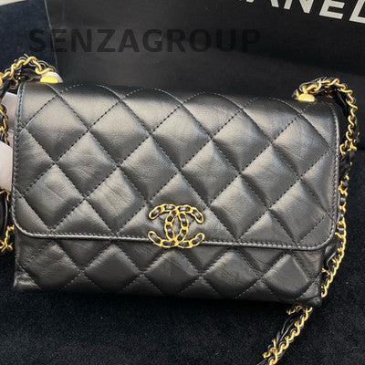Chanel 23K Classic Black Gold Quilted Chain Shoulder Crossbody Bag
