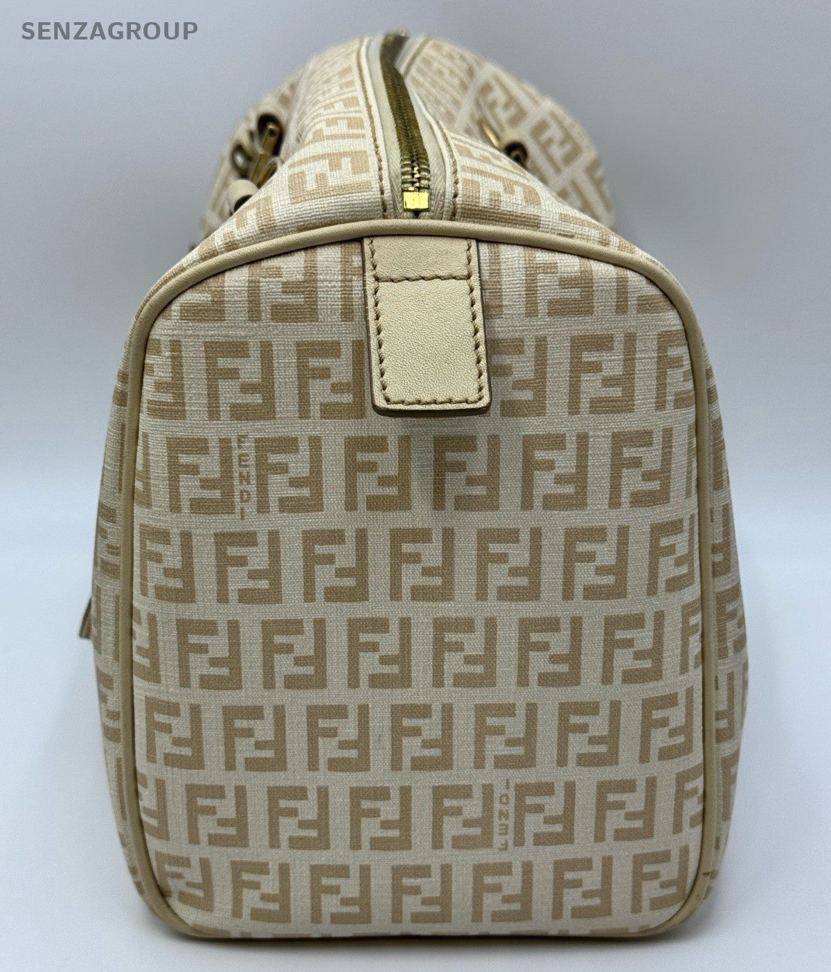 Fendi FF Boston Top Handle Bag Beige Gold Used Women Classic Fashion