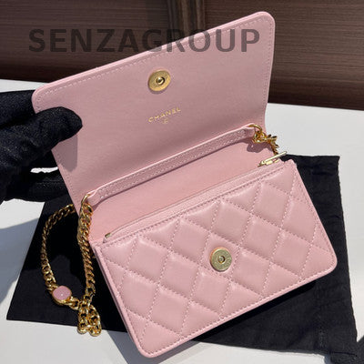 Chanel Quilted Pink Gold WOC Chain Shoulder Crossbody Bag