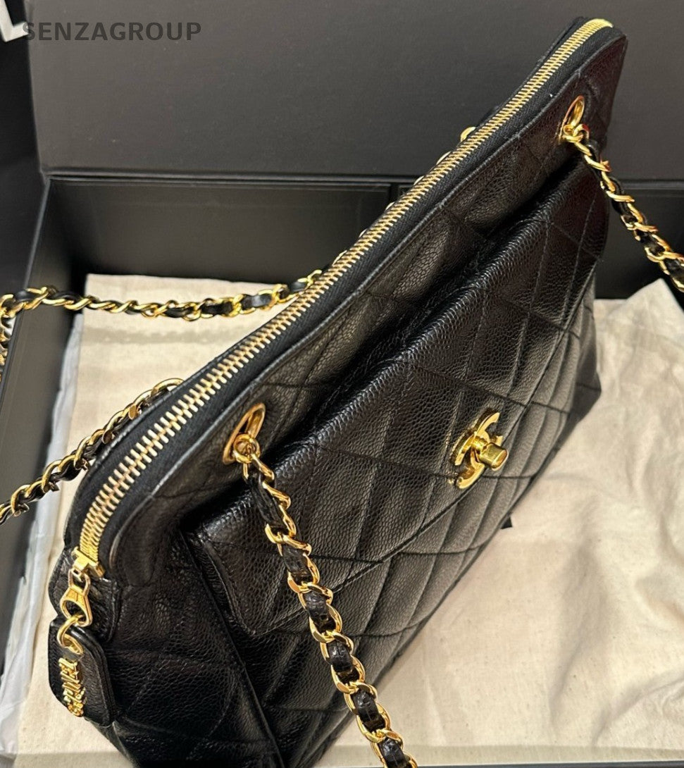 Chanel Diamond Chain Shoulder Bag Black Gold Women Classic Vintage