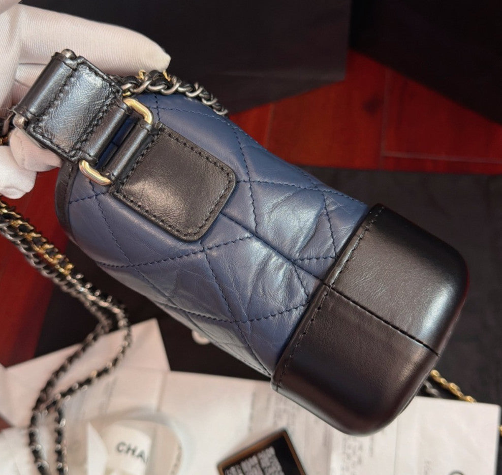 Chanel Gabrielle PM Chain Shoulder Bag Crossbody Blue Gold Women Classic Diamond