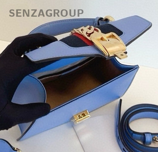 GUCCI Sylvie Small sky blue Top Handle 2WAY Shoulder bag Crossbody Leather WOMEN