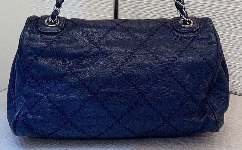 Chanel Calfskin Chain Shoulder Bag Blue Silver Used Women Classic Designer