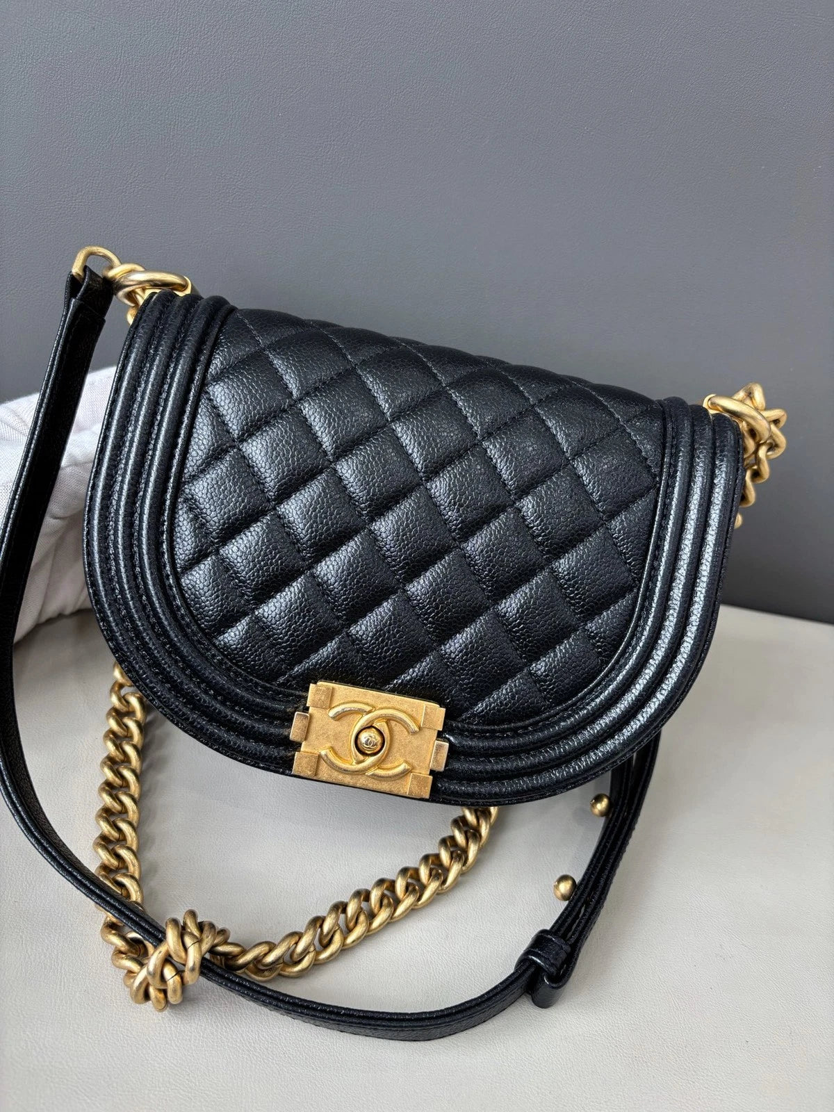 Chanel Le Boy Crossbody Shoulder Bag Black Gold Women Classic