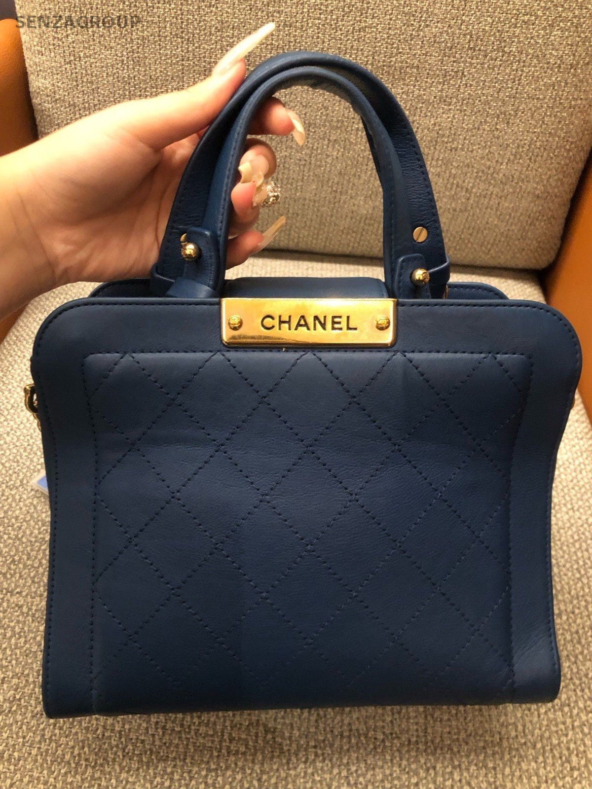 CHANEL Vintage Top Handle Diamond Pattern Handbag Blue Gold Women
