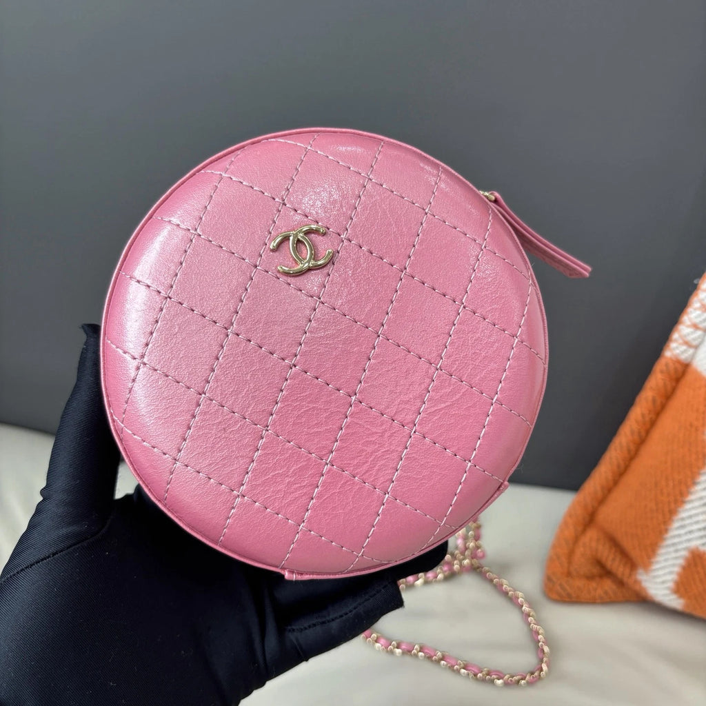 Chanel Diamond Chain Round Bag Crossbody Pink Gold Used Women Classic