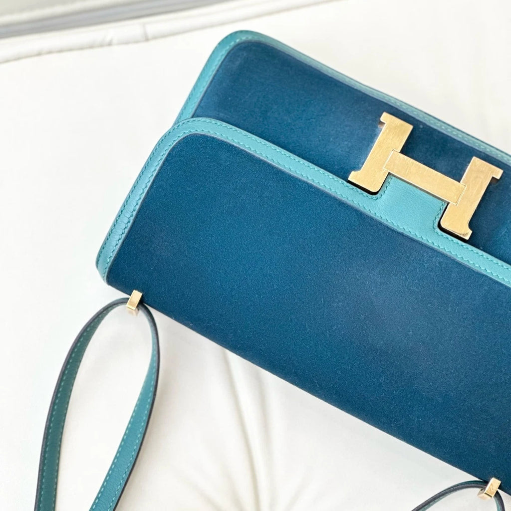 Hermes Constance Elan Suede Shoulder Crossbody Bag Green Gold Women S