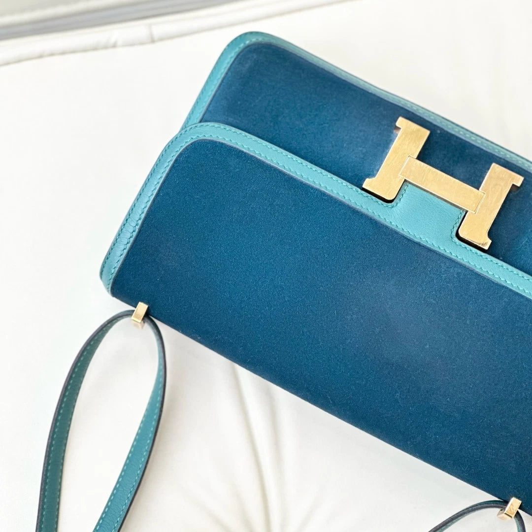 Hermes Constance Elan Suede Shoulder Crossbody Bag Green Gold Women S