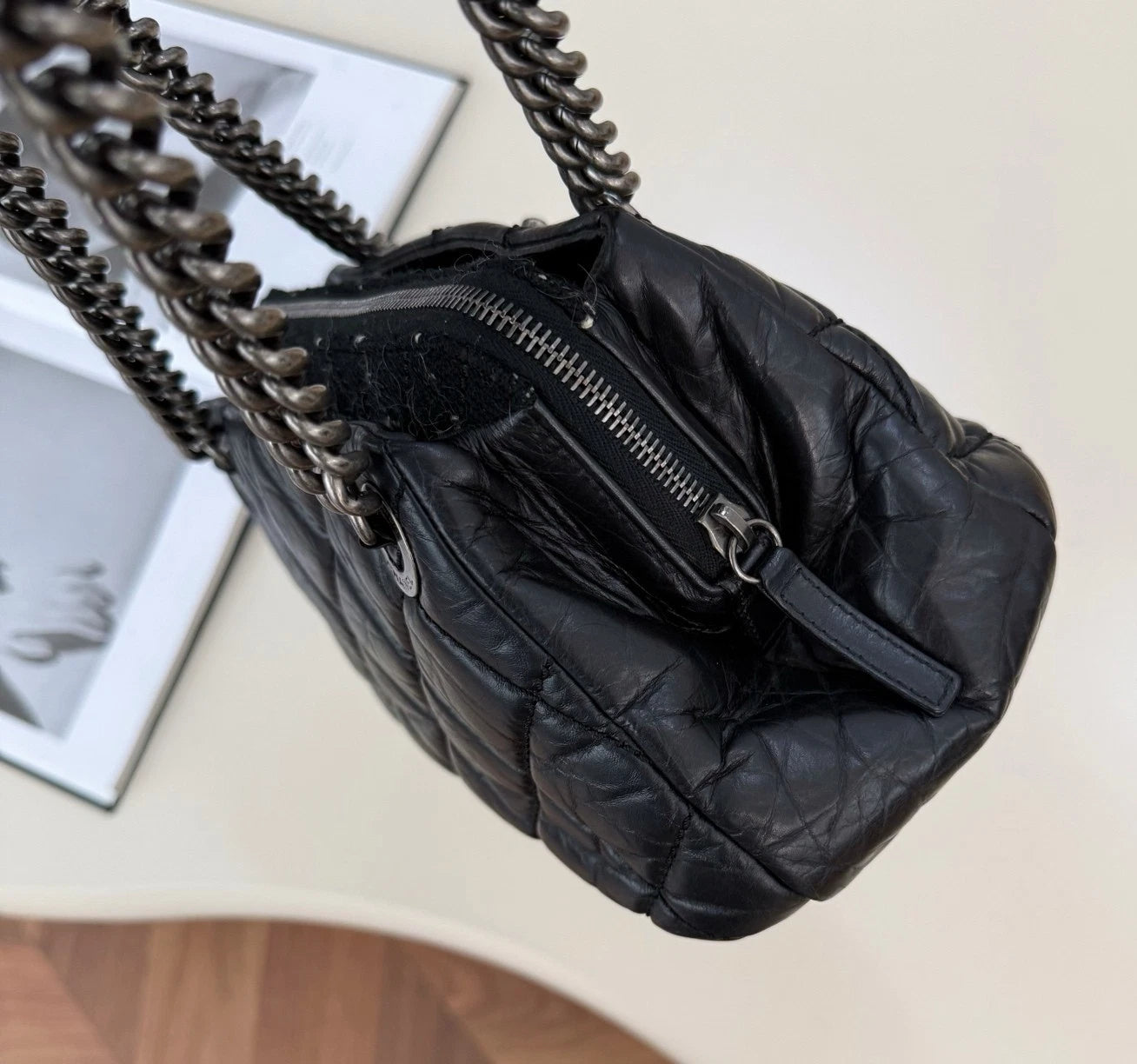 Chanel Bolide Diamond Chain Shoulder Bag Black Silver Used Women Classic