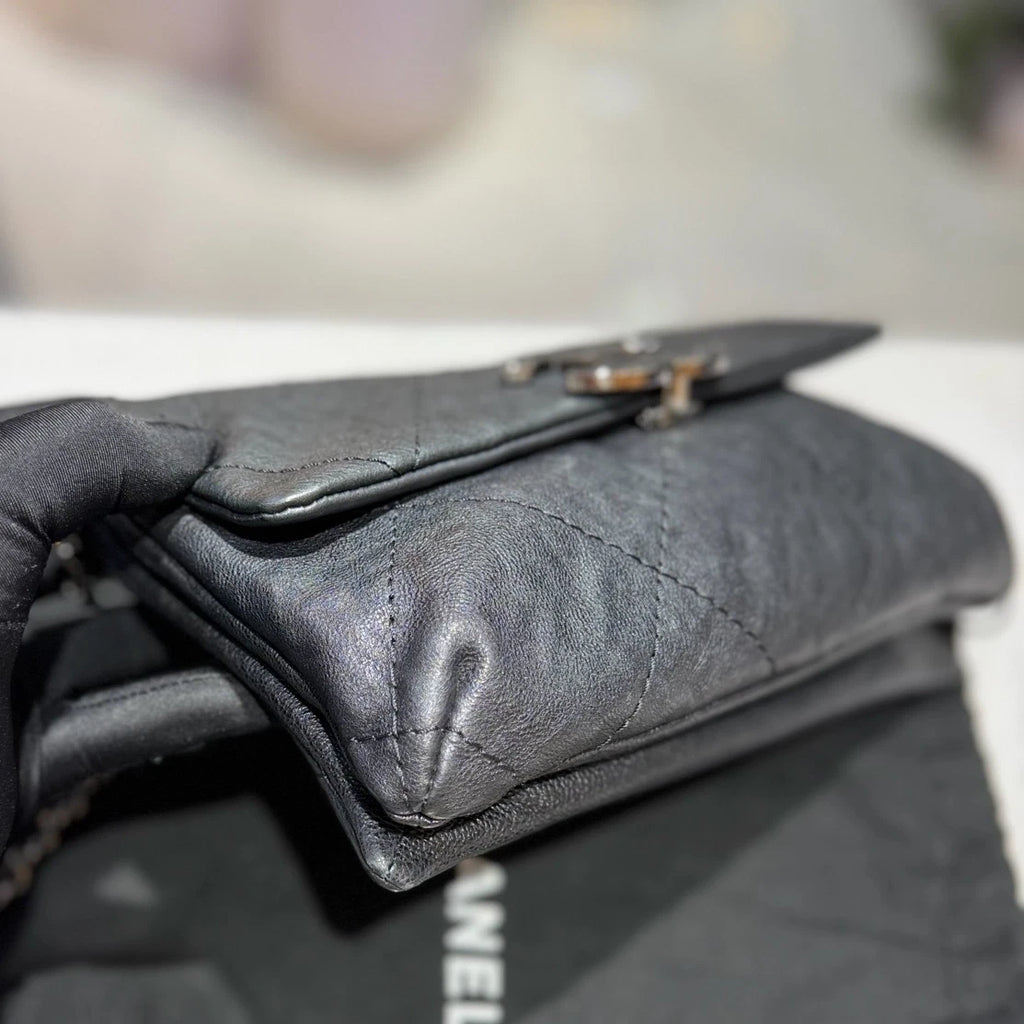 Chanel Calfskin Chain Top Handle Crossbody Black Silver Women Classic