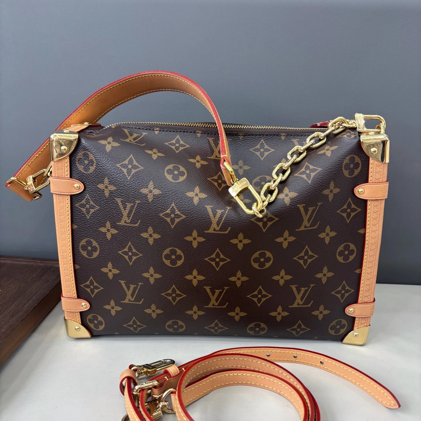 Chip Version Louis Vuitton Side Trunk GM Monogram Canvas Handbag Crossbody Gold