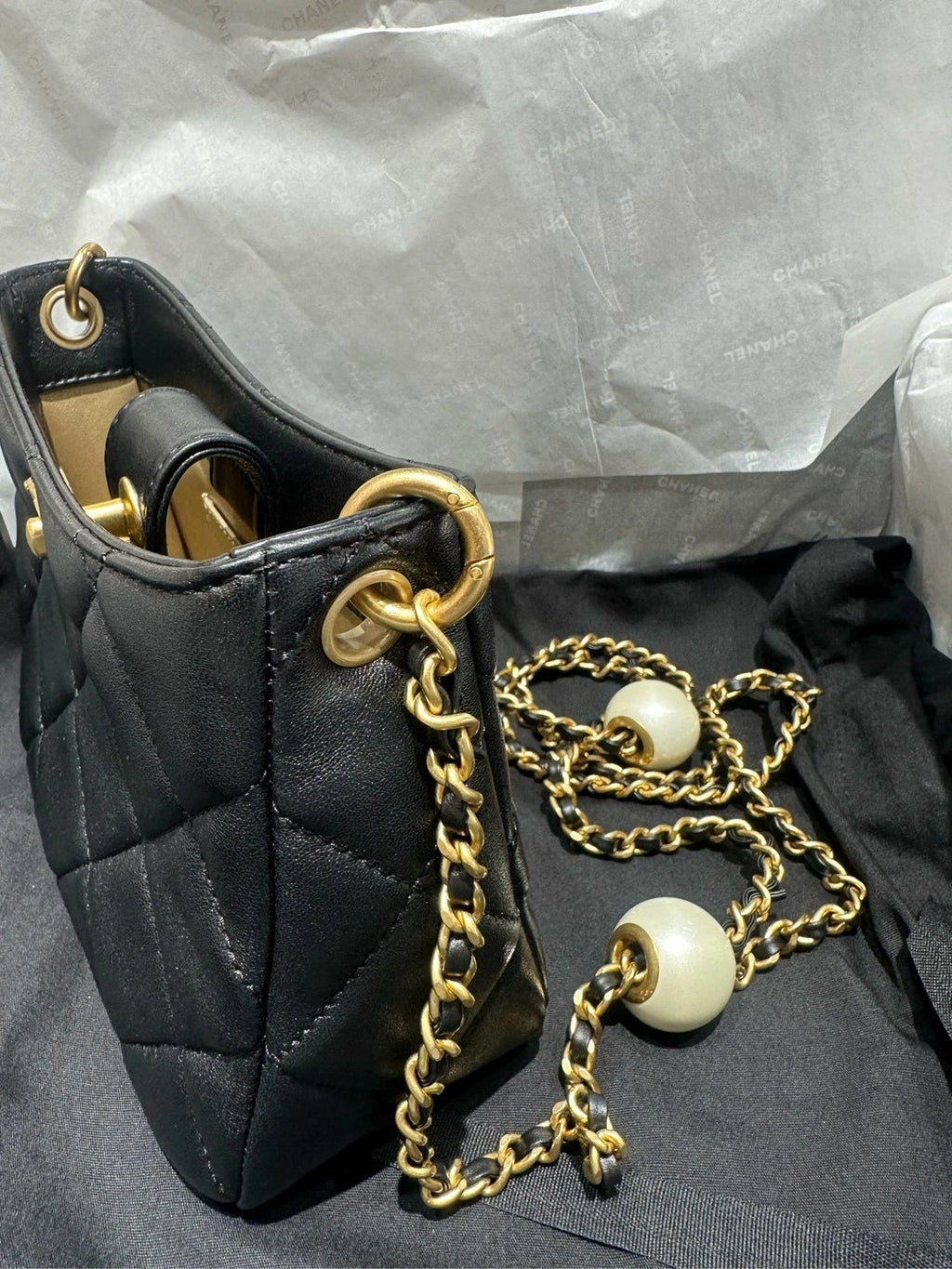 CHANEL Adjustable Double Pearl Hobo Shoulder Crossbody Bag Women