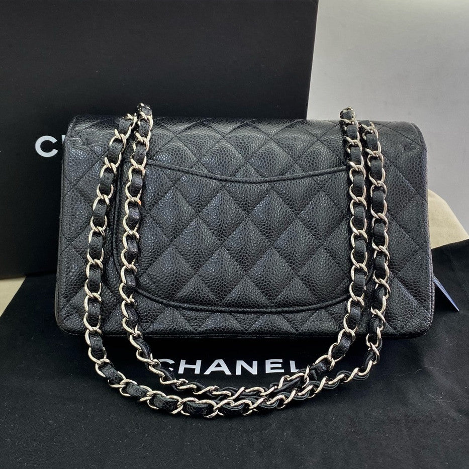 Chanel Classic Flap Small Black Calfskin Silver Chain Shoulder Crossbody Bag