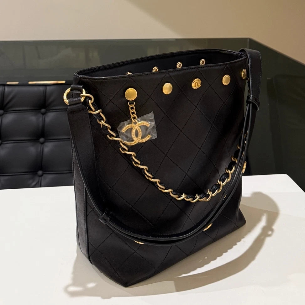 Chanel Coin Bucket Quilted Chain Shoulder Crossbody Bag Black Gold