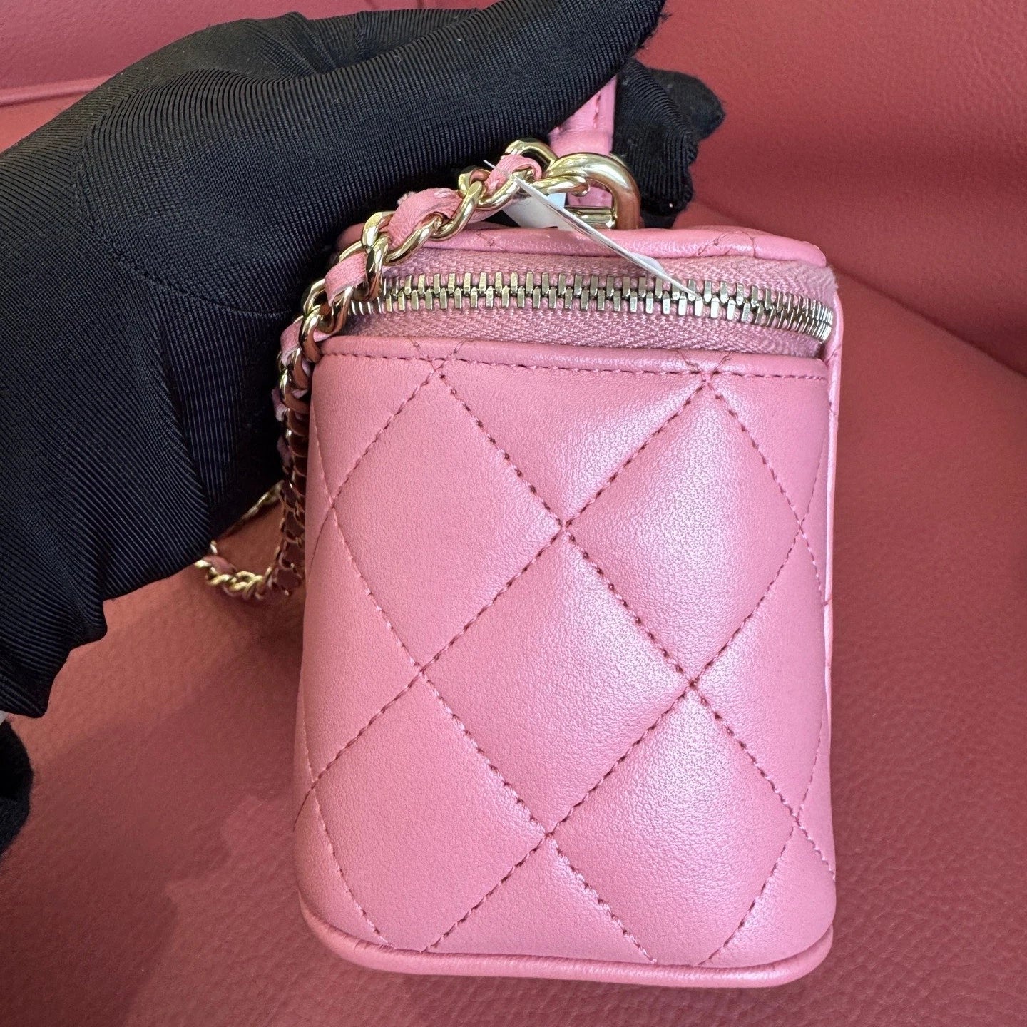 Chanel Diamond Chain Crossbody Top Handle Bag Pink Gold Women Classic