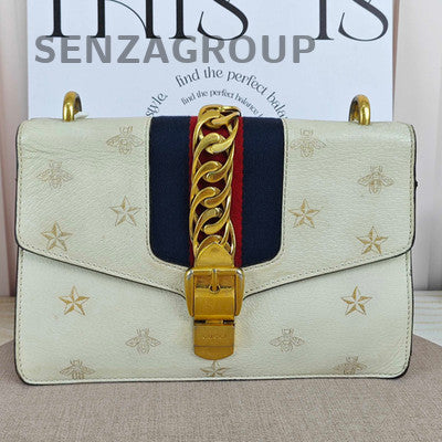 Gucci Sylvia Medium Star Bee Shoulder Crossbody Bag Silver White