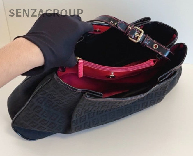 Fendi Classic Monogram Logo Shoulder Handbag Black Canvas