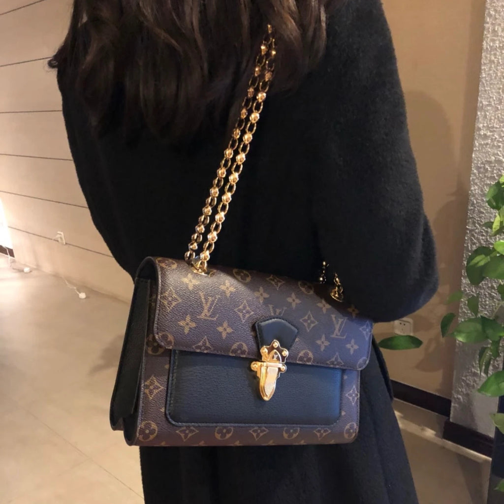 Louis Vuitton Victoire Monogram Canvas Black Calfskin Gold Chain Shoulder Bag