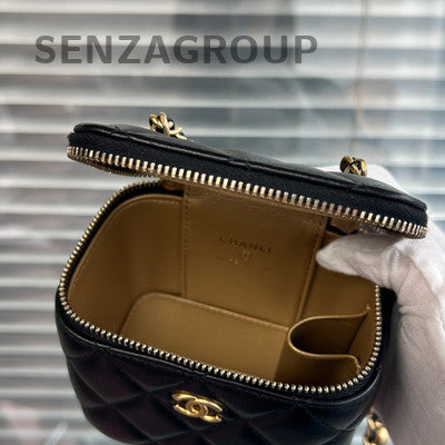 Chanel Classic Black Gold Pearl Chain Mini Square Crossbody Bag