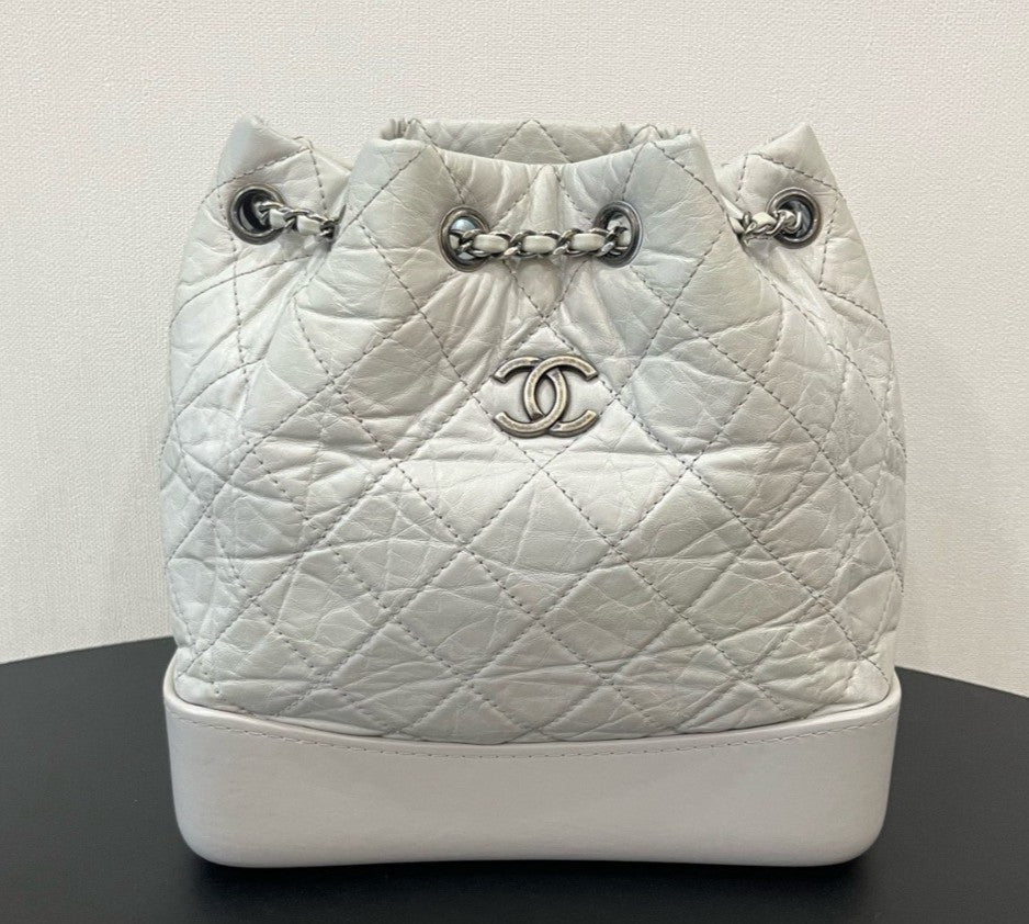 CHANEL Gabrielle PM Backpack Drawstring Chain Shoulder bag White Gold Women