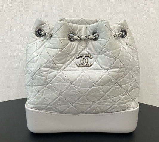 CHANEL Gabrielle PM Backpack Drawstring Chain Shoulder bag White Gold Women