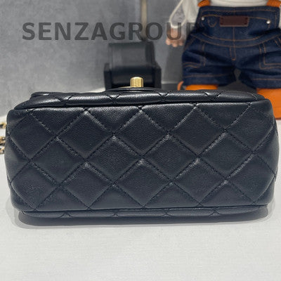 Chanel Classic Black Gold Quilted Mini Square Flap Bag with Ball Chain