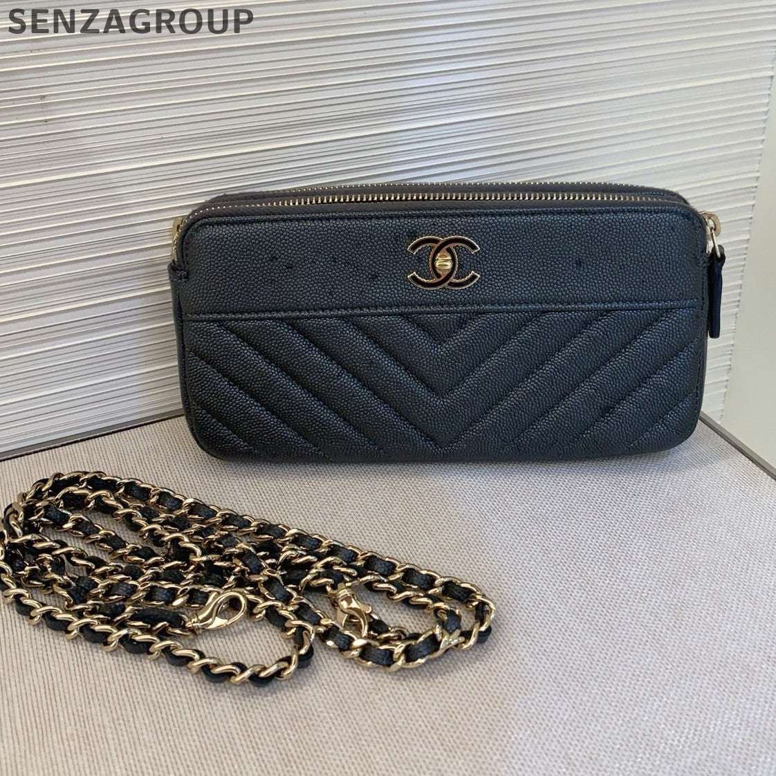 Chanel Quilted Calfskin Phone Crossbody Bag Black Gold Women Classic