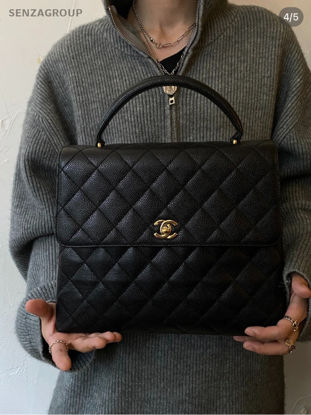 Chanel Vintage Kelly Caviar Leather Handbag Top Handle Bag Women Black