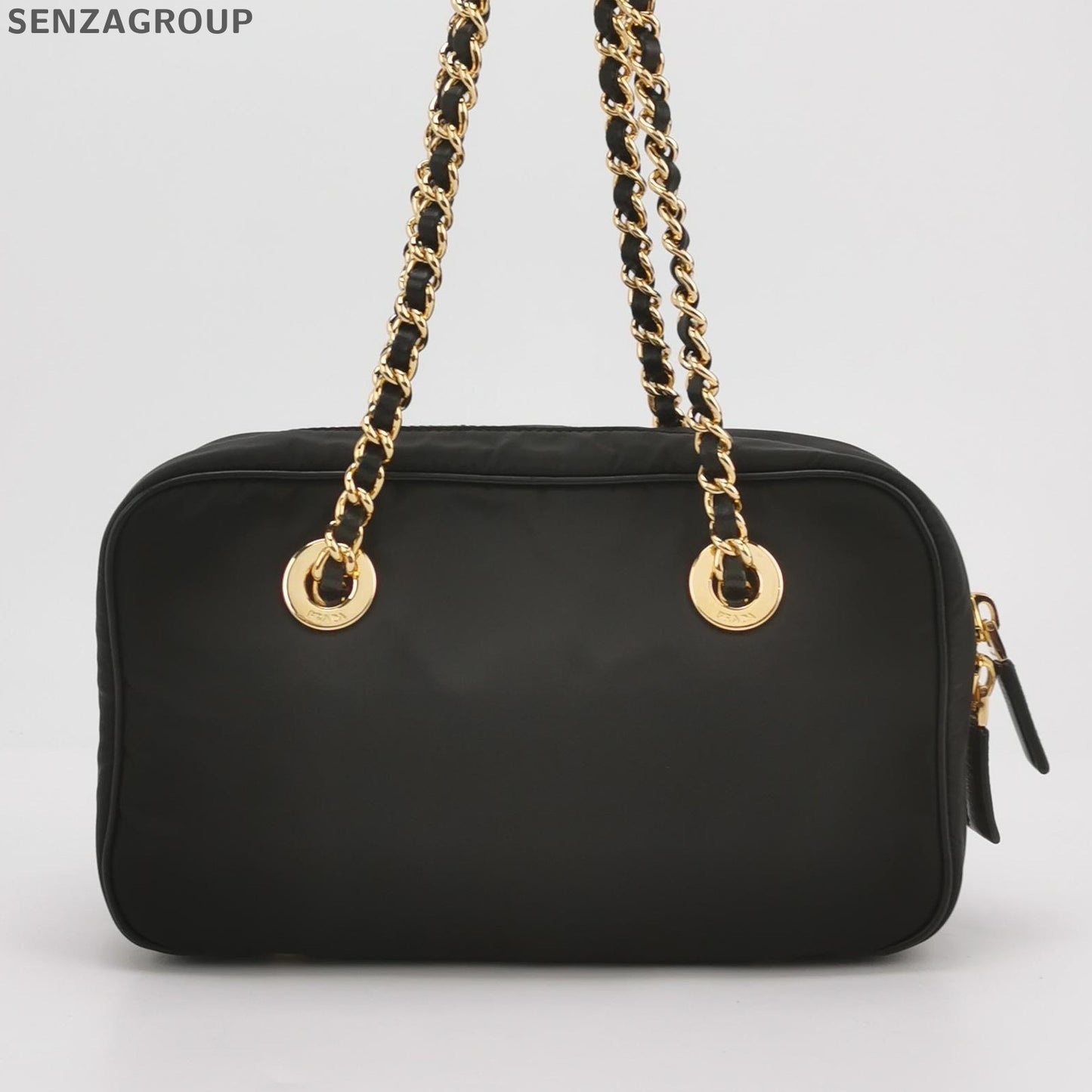 Prada Nylon Bowling Bag with Chain Strap Black Gold Classic Women's