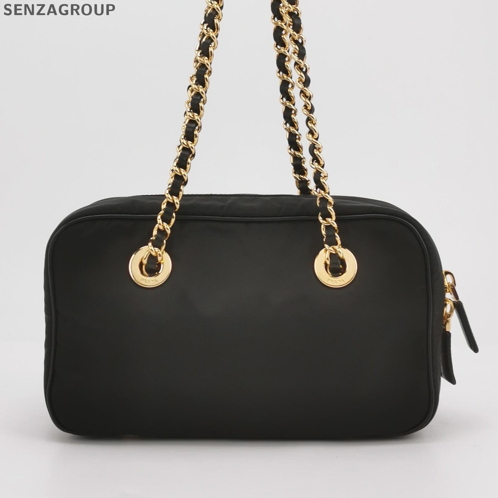 Prada Nylon Bowling Bag with Chain Strap Black Gold Classic Women's