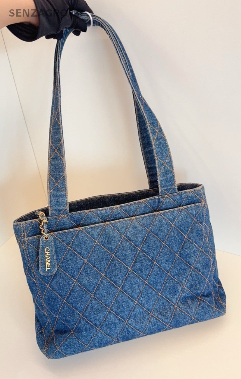 CHANEL Vintage Tote Denim Diamond Pattern Shoulder bag Blue Limited Edition