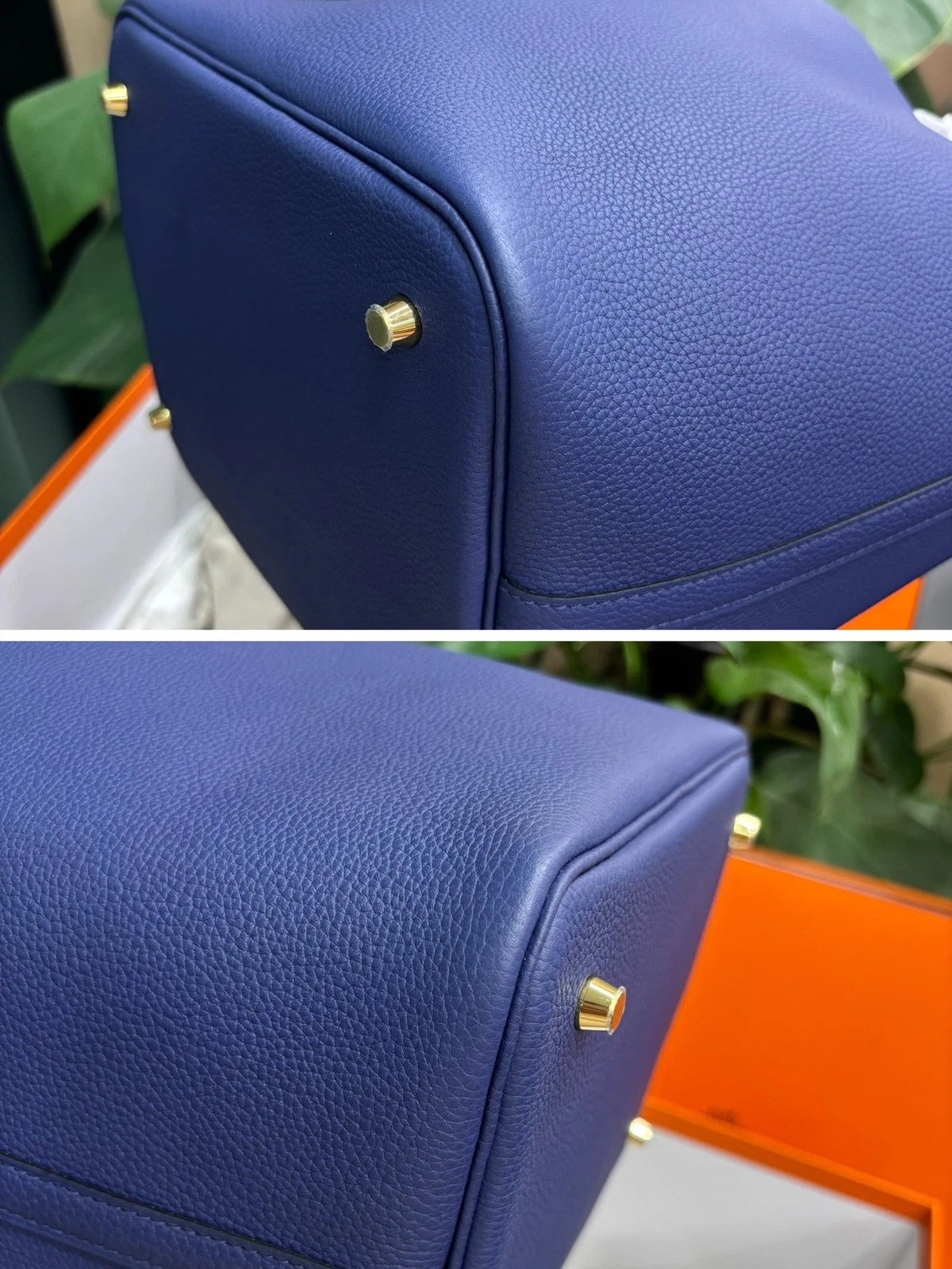 Hermes Picotion22 Bucket Top Handle Bag Blue Gold Used Women Classic