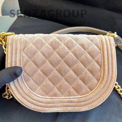 Chanel Le Boy Saddle Bag Brown Gold Velvet Chain Shoulder Crossbody